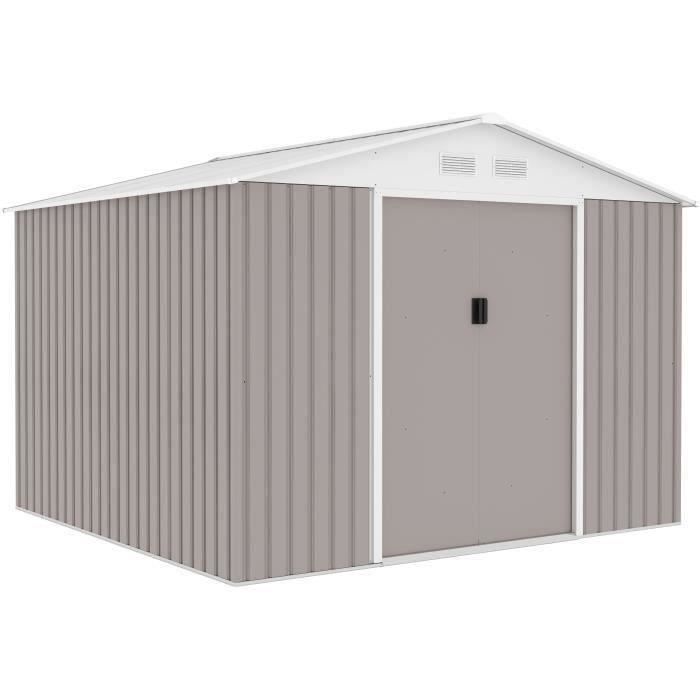 Abri de jardin en métal 7,06 m² - 277 x 255 x 202 cm - MERCURE - Kit d'ancrage inclus, 2 portes coulissantes - Taupe