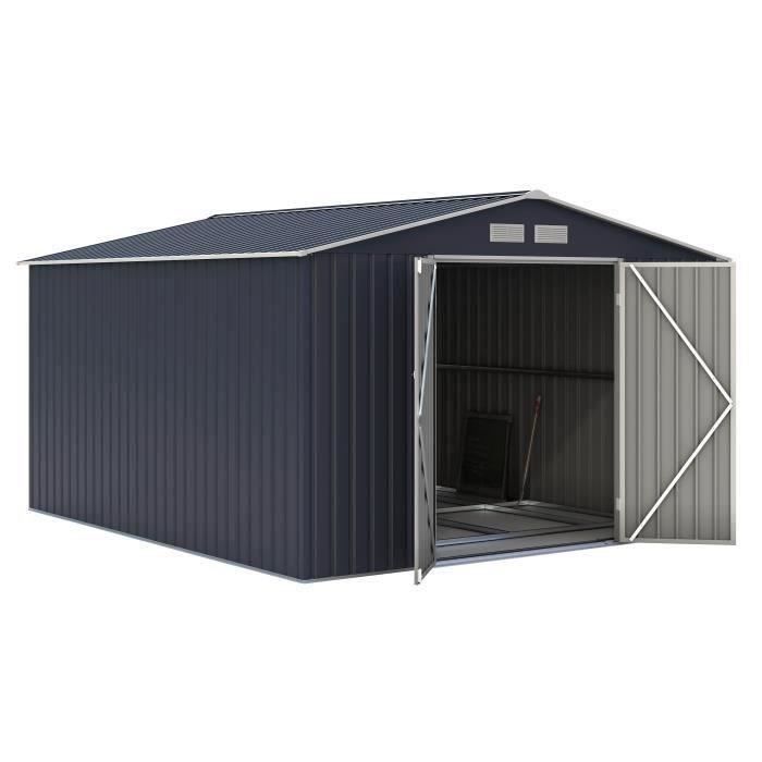 Abri de jardin en métal 8,84 m² - 277 x 319 x 202 cm - VELASCO - Kit d'ancrage inclus, 2 portes battantes - Gris