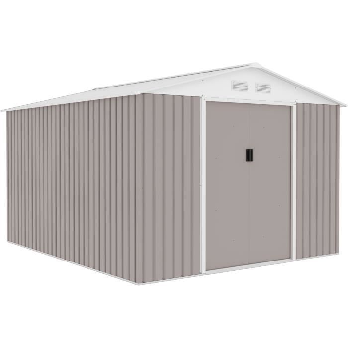 Abri de jardin en métal 8,84 m² - 277 x 319 x 202 cm - URANUS - Kit d'ancrage inclus, 2 portes coulissantes - Taupe