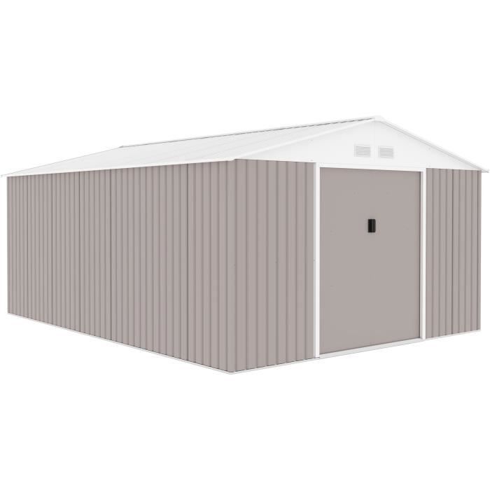 Abri de jardin en métal 15,16 m² - 340 x 446 x 210 - SATURNE - Kit d'ancrage inclus, 2 portes coulissantes - Taupe