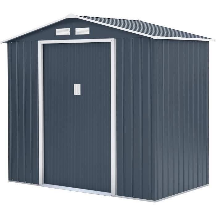 Abri de jardin en métal 2,71 m² - 213 x 127 x 195 cm - PLUTON - Kit d'ancrage inclus, 2 portes coulissantes - Gris