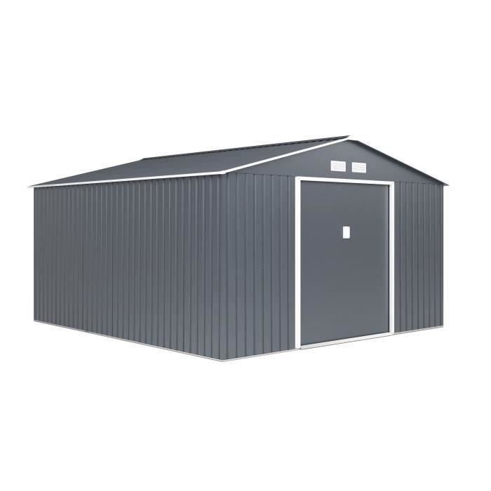 Abri de jardin en métal 12,99 m² - 340 x 382 x 210 cm - NEPTUNE - Kit d'ancrage inclus, 2 portes coulissantes - Gris