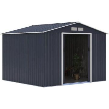 Abri de jardin en métal 7,06 m² - 277 x 255 x 202 cm - MERCURE - Kit d'ancrage inclus, 2 portes coulissantes - Gris