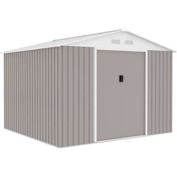 Abri de jardin en métal 7,06 m² - 277 x 255 x 202 cm - MERCURE - Kit d'ancrage inclus, 2 portes coulissantes - Taupe