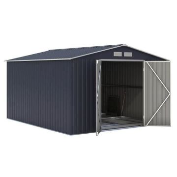 Abri de jardin en métal 8,84 m² - 277 x 319 x 202 cm - VELASCO - Kit d'ancrage inclus, 2 portes battantes - Gris