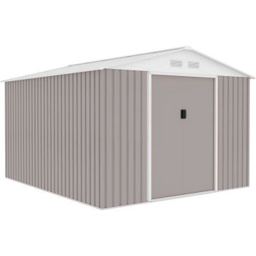 Abri de jardin en métal 8,84 m² - 277 x 319 x 202 cm - URANUS - Kit d'ancrage inclus, 2 portes coulissantes - Taupe