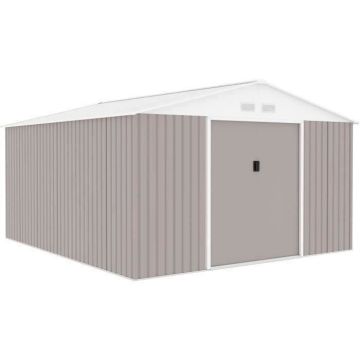 Abri de jardin en métal 12,99 m² - 340 x 382 x 210 cm - NEPTUNE - Kit d'ancrage inclus, 2 portes coulissantes - Taupe