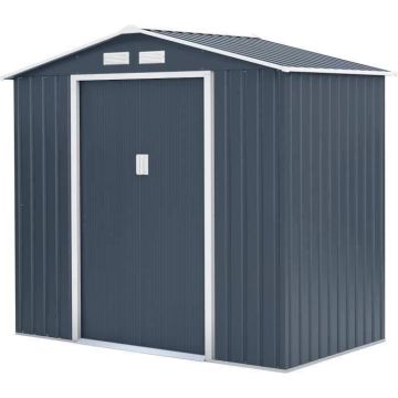 Abri de jardin en métal 2,71 m² - 213 x 127 x 195 cm - PLUTON - Kit d'ancrage inclus, 2 portes coulissantes - Gris