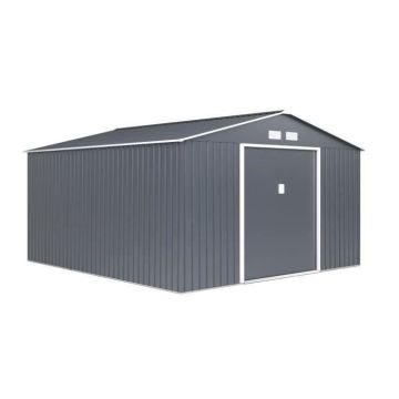 Abri de jardin en métal 12,99 m² - 340 x 382 x 210 cm - NEPTUNE - Kit d'ancrage inclus, 2 portes coulissantes - Gris