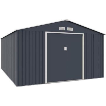 Abri de jardin en métal 15,16 m² - 340 x 446 x 210 - SATURNE - Kit d'ancrage inclus, 2 portes coulissantes - Gris